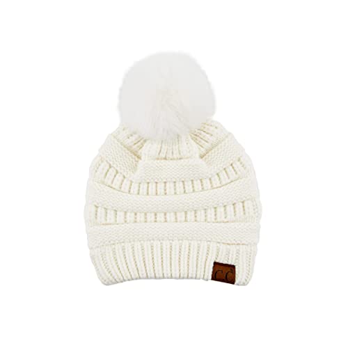Ribbed Cable Knit Matching Faux Fur Pom Beanie