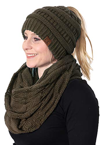 Solid Knit Ponytail Beanie & Infinity Scarf Set by Funky Junque