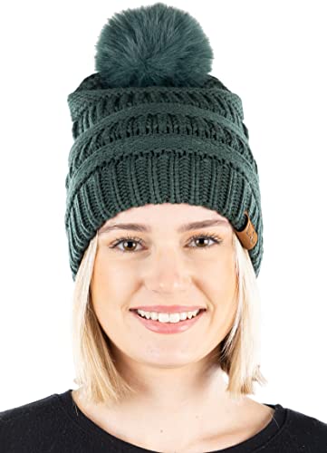 Ribbed Cable Knit Matching Faux Fur Pom Beanie