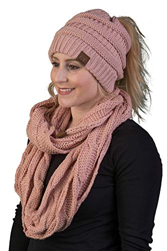 Solid Knit Ponytail Beanie & Infinity Scarf Set by Funky Junque
