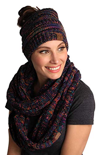 Multicolor Knit Ponytail Beanie & Infinity Scarf Set by Funky Junque