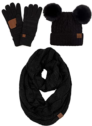 Double Pom Beanie, Infinity Scarf & Gloves Matching Set