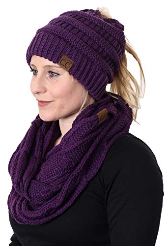 Solid Knit Ponytail Beanie & Infinity Scarf Set by Funky Junque