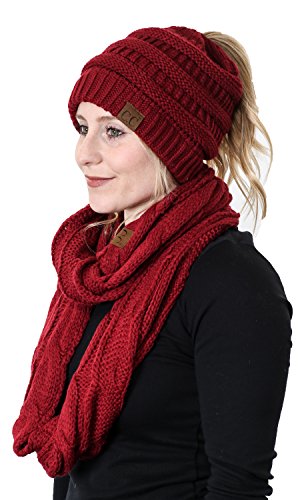 Solid Knit Ponytail Beanie & Infinity Scarf Set by Funky Junque
