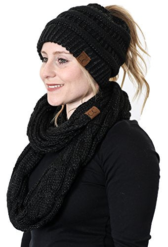 Solid Knit Ponytail Beanie & Infinity Scarf Set by Funky Junque