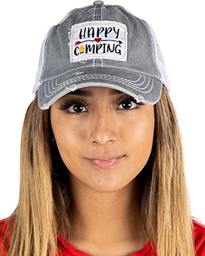 Happy Camping Distressed Vintage Patch Baseball Cap by Funky Junque