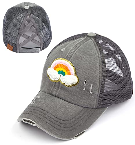 Rainbow Patch Criss Cross Ponytail Hat by Funky Junque