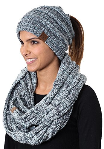 Multicolor Knit Ponytail Beanie & Infinity Scarf Set by Funky Junque