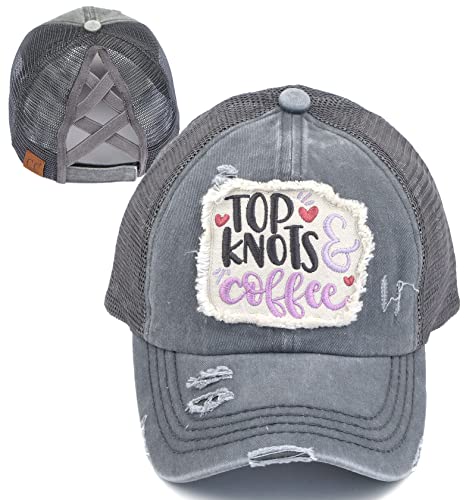 Top Knots and Coffee Criss Cross Ponytail Hat by Funky Junque