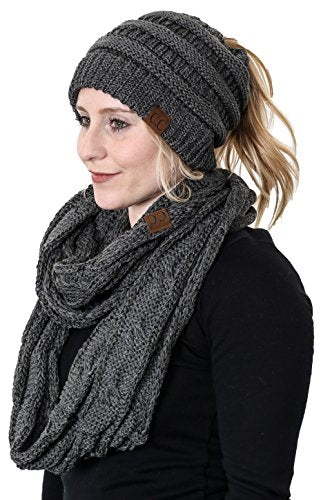 Solid Knit Ponytail Beanie & Infinity Scarf Set by Funky Junque