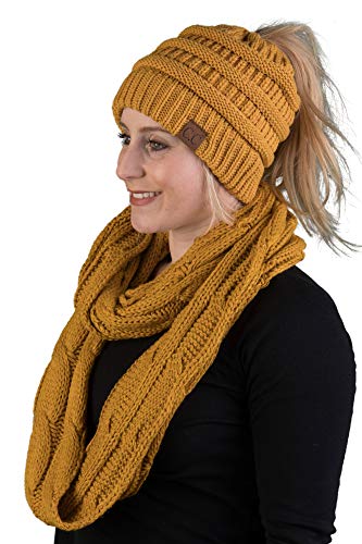 Solid Knit Ponytail Beanie & Infinity Scarf Set by Funky Junque