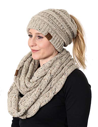 Confetti Knit Ponytail Beanie & Infinity Scarf Set by Funky Junque
