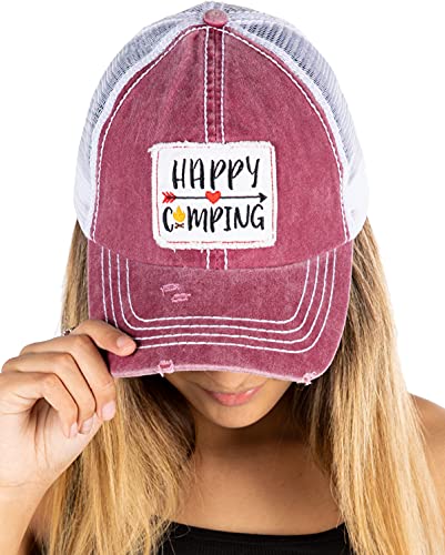 Happy Camping Distressed Vintage Patch Baseball Cap by Funky Junque