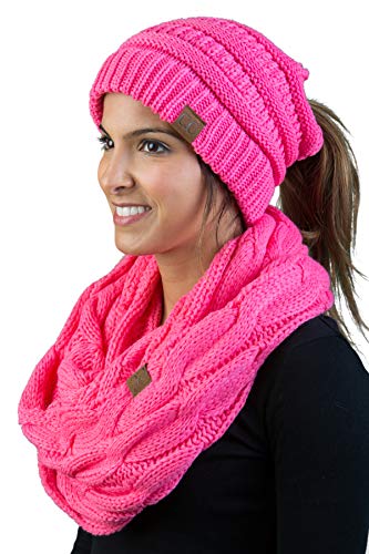 Solid Knit Ponytail Beanie & Infinity Scarf Set by Funky Junque
