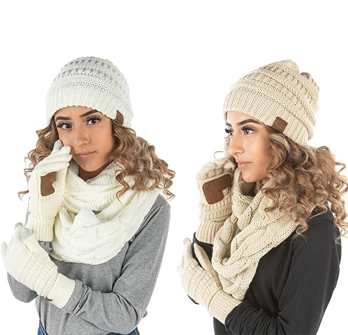 Solid Matching Infinity Scarf, Cable Knit Beanie & Gloves Set by Funky Junque