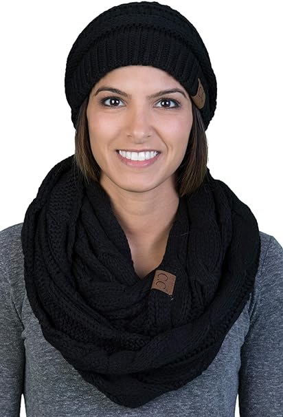 Solid Knit Beanie & Infinity Scarf Matching Set by Funky Junque