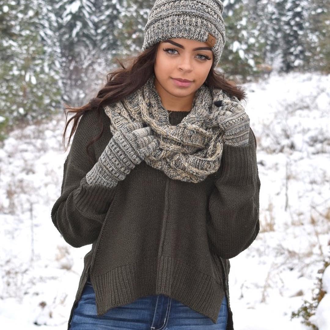 Confetti Matching Infinity Scarf, Cable Knit Beanie & Gloves Set by Funky Junque
