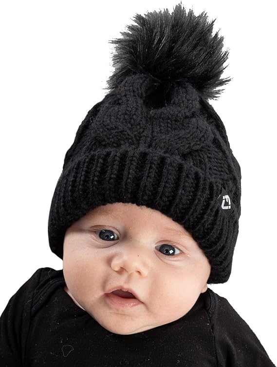 Baby Cable Knit Fleece Lined Pom Beanie by Funky Junque