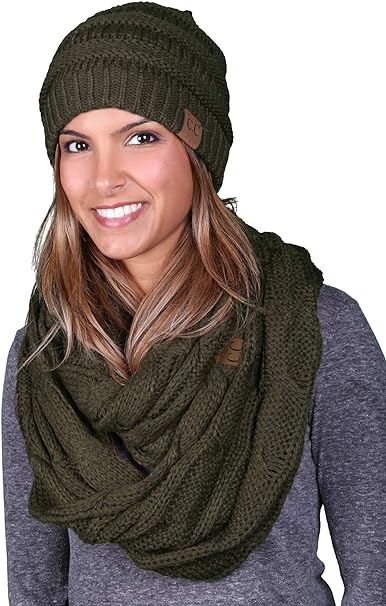 Solid Knit Beanie & Infinity Scarf Matching Set by Funky Junque