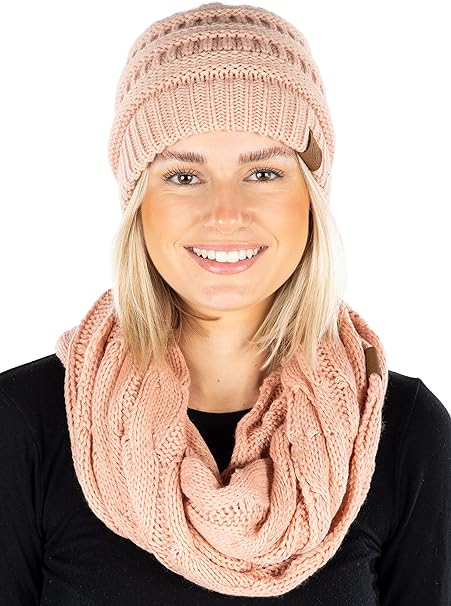 Solid Knit Beanie & Infinity Scarf Matching Set by Funky Junque