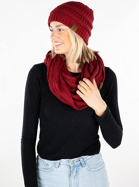 Solid Knit Beanie & Infinity Scarf Matching Set by Funky Junque