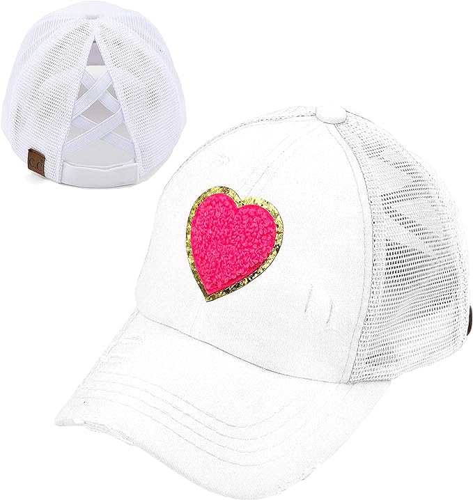 Heart Patch Criss Cross Ponytail Hat by Funky Junque