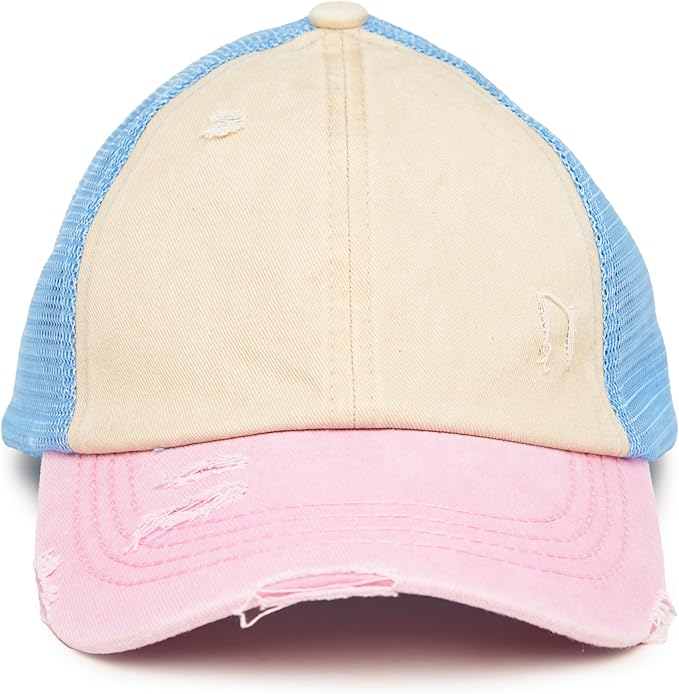 Funky Junque 3 Tone Criss Cross Ponytail Hat - Beige/Light Pink/Light Blue