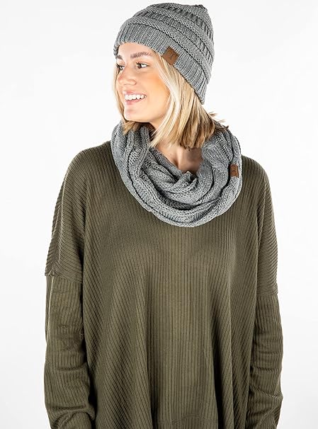 Solid Knit Beanie & Infinity Scarf Matching Set by Funky Junque