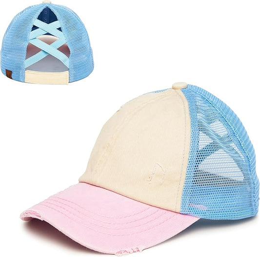Funky Junque 3 Tone Criss Cross Ponytail Hat - Beige/Light Pink/Light Blue