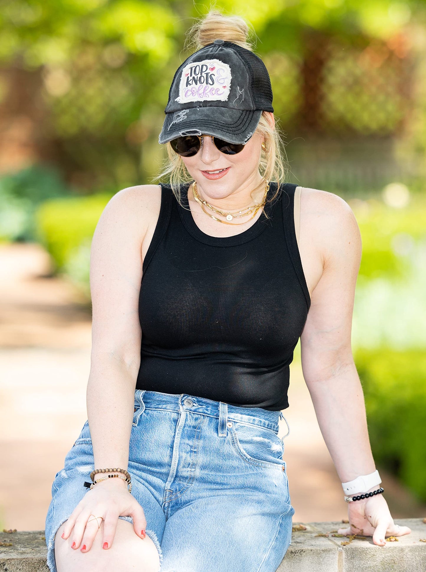 Top Knots and Coffee Criss Cross Ponytail Hat by Funky Junque