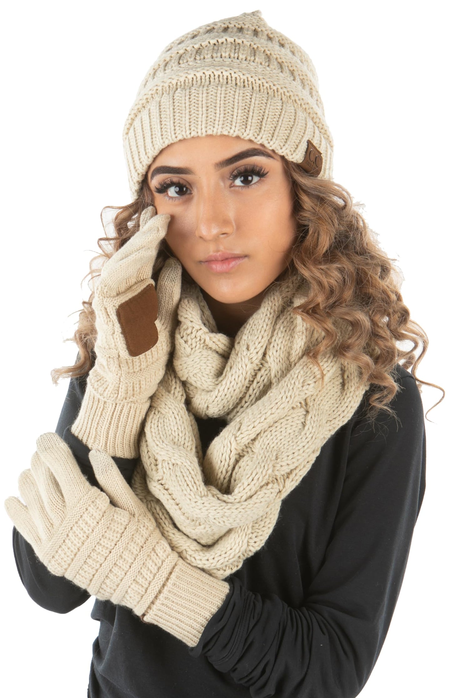 Confetti Matching Infinity Scarf, Cable Knit Beanie & Gloves Set by Funky Junque