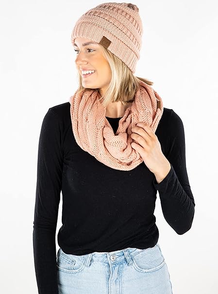Solid Knit Beanie & Infinity Scarf Matching Set by Funky Junque