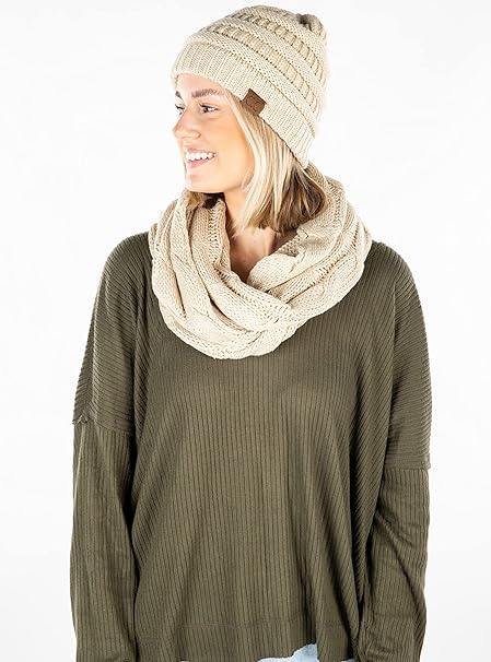 Solid Knit Beanie & Infinity Scarf Matching Set by Funky Junque