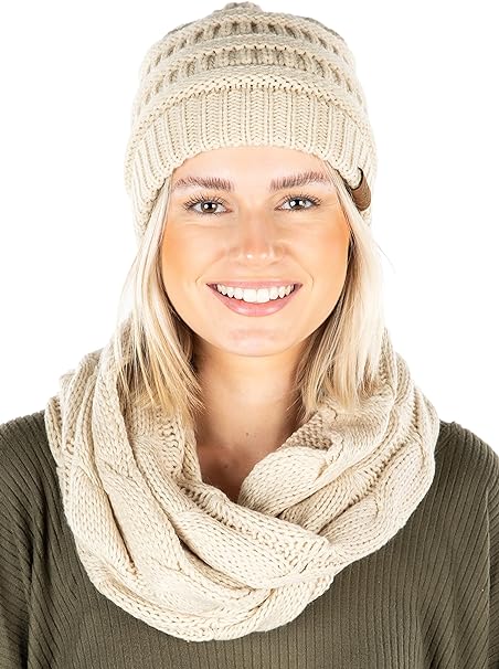 Solid Knit Beanie & Infinity Scarf Matching Set by Funky Junque