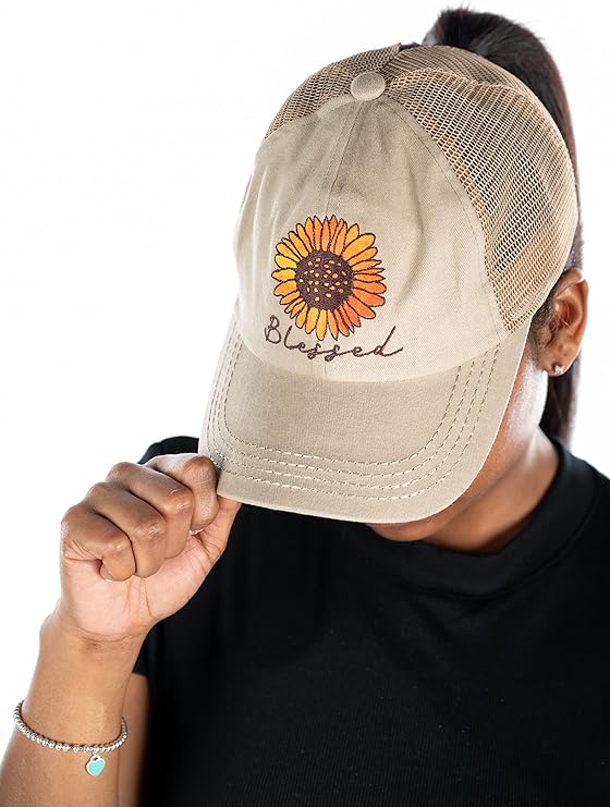 Blessed (Sunflower) Criss Cross Ponytail Hat by Funky Junque