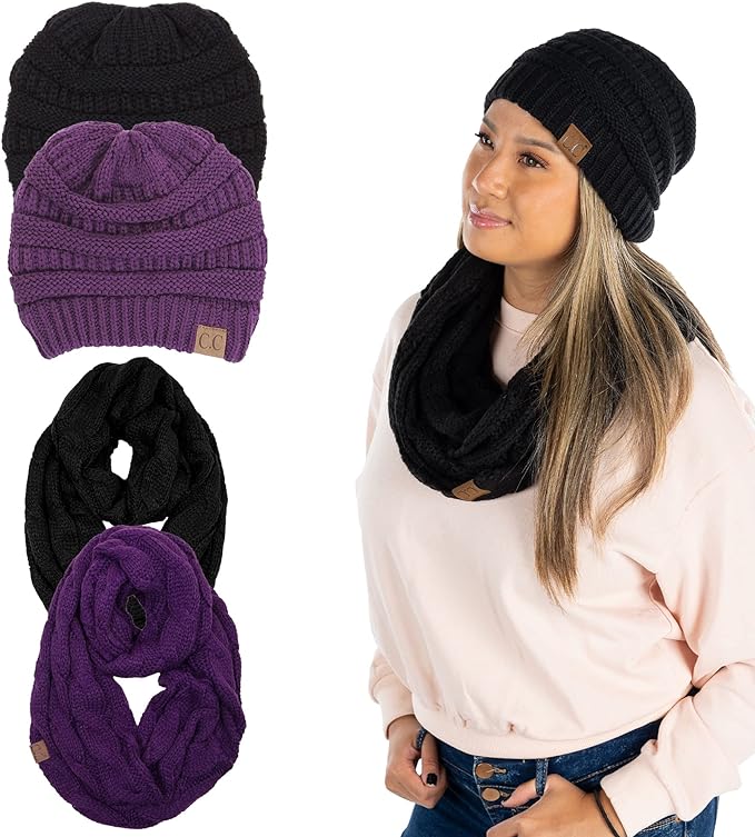 Solid Knit Beanie & Infinity Scarf Matching Set by Funky Junque