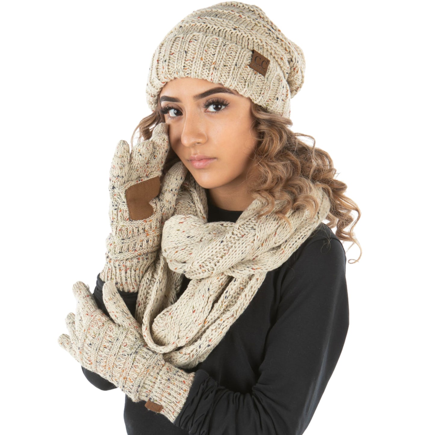 Matching 3 Pack: Oversized Beanie, Infinity Scarf & Gloves Set