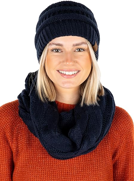 Solid Knit Beanie & Infinity Scarf Matching Set by Funky Junque