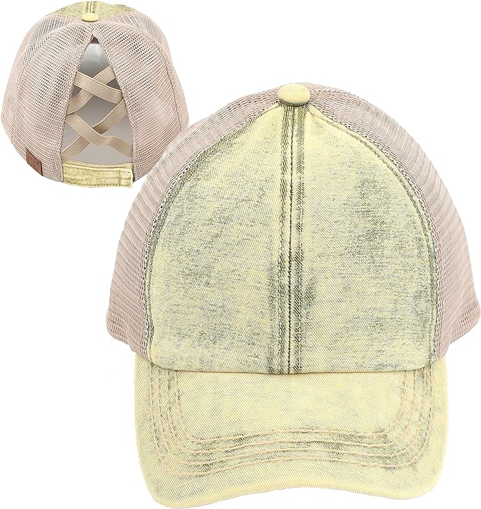 Stone Washed Criss Cross Ponytail Hat by Funky Junque