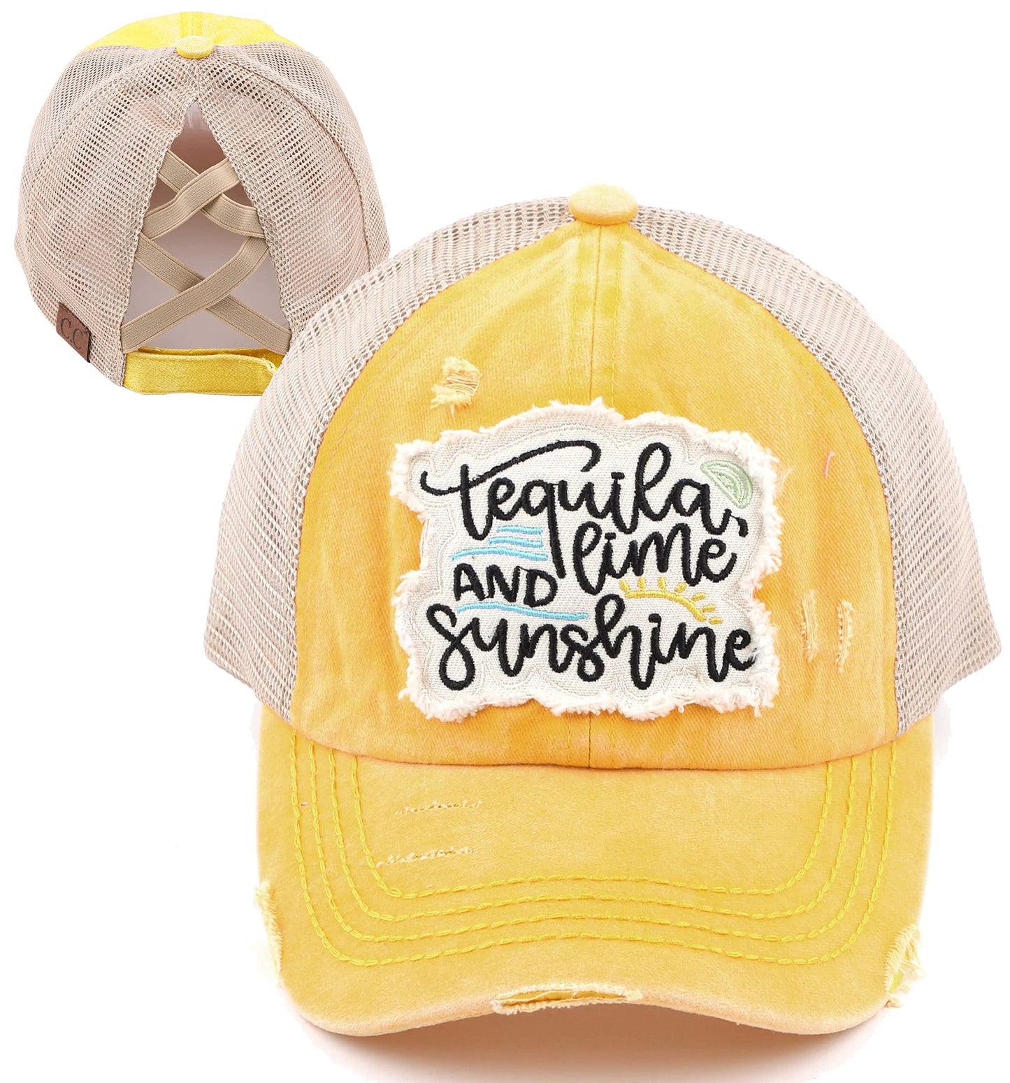 Tequila, Lime & Sunshine Criss Cross Ponytail Hat by Funky Junque