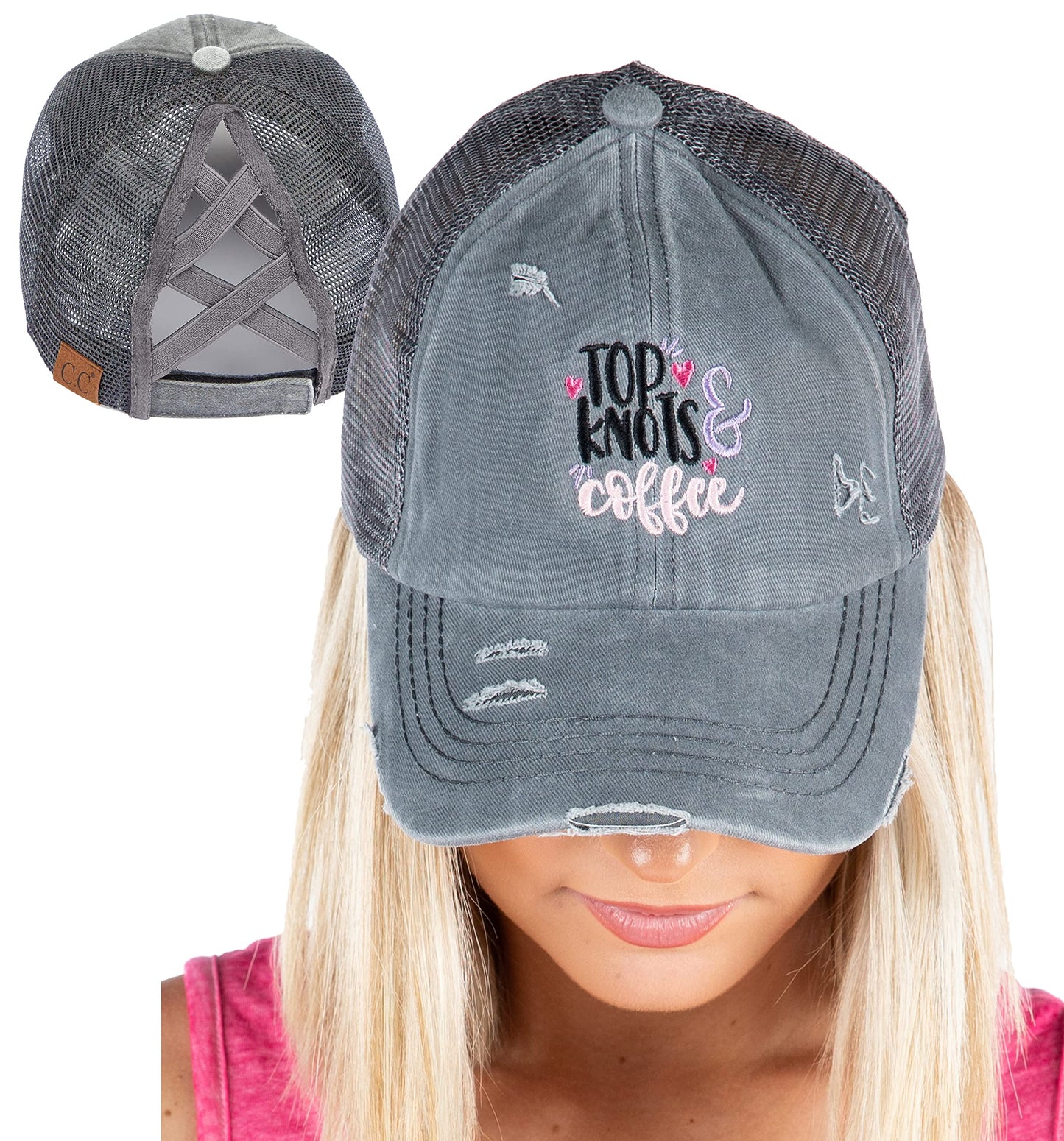 Top Knots and Coffee Criss Cross Ponytail Hat by Funky Junque