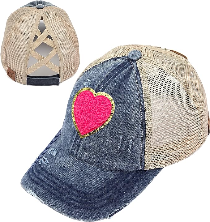 Heart Patch Criss Cross Ponytail Hat by Funky Junque
