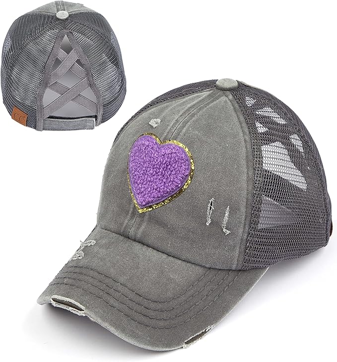 Heart Patch Criss Cross Ponytail Hat by Funky Junque