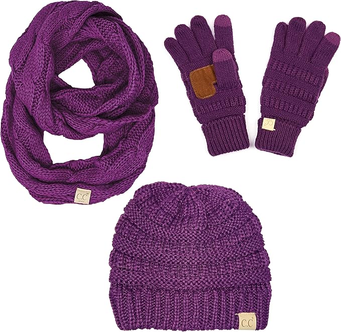 Kids 3 Pack Matching Set: Beanie, Infinity Scarf & Gloves - Dark Purple