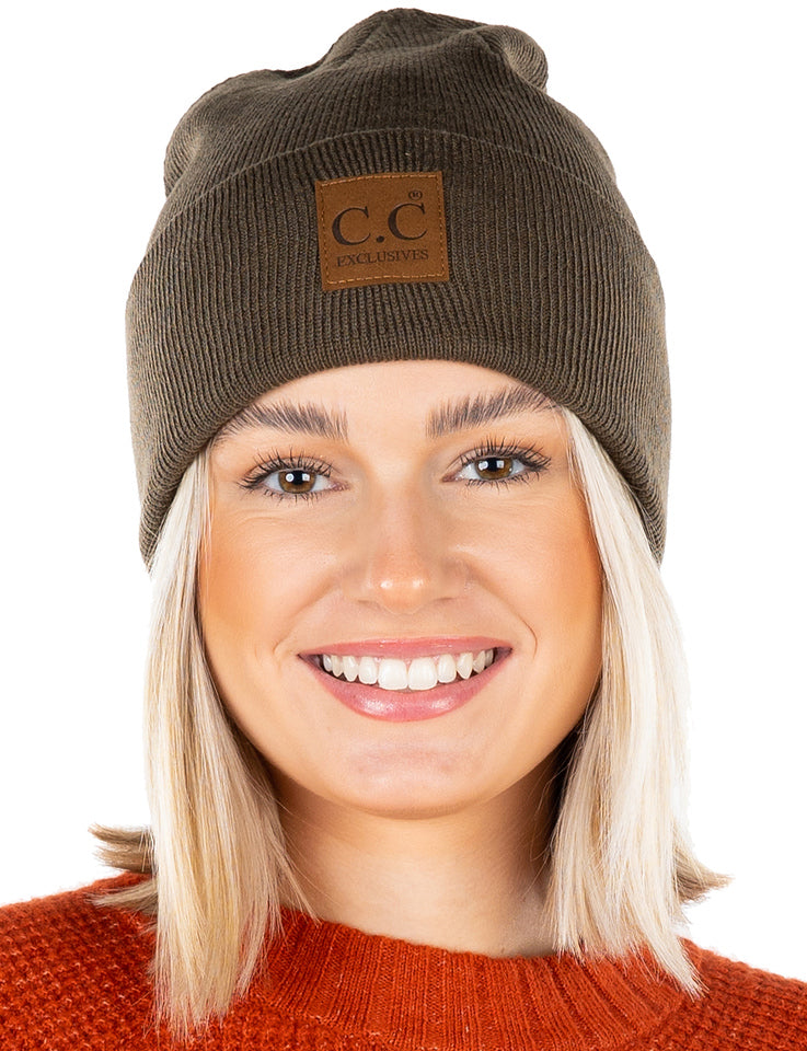 Classic Knit Leather Patch Beanie