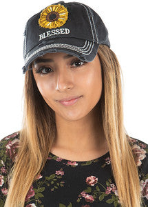 Blessed (Sunflower) Distressed Patch Hat by Funky Junque