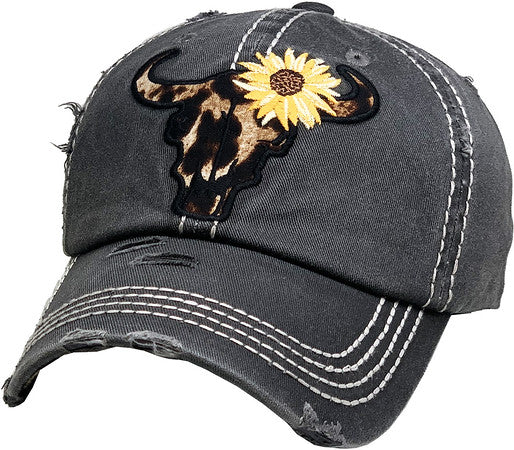 Leopard Steer (Sunflower) Distressed Patch Hat by Funky Junque