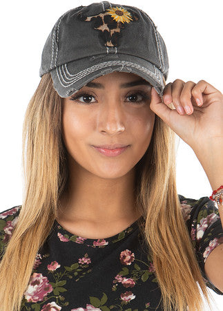 Leopard Steer (Sunflower) Distressed Patch Hat by Funky Junque