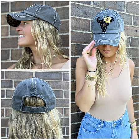 Leopard Steer (Sunflower) Distressed Patch Hat by Funky Junque