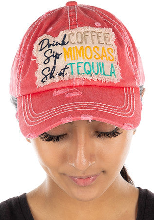 Drink Coffee, Sip Mimosas, Shoot Tequila Distressed Patch Hat by Funky Junque